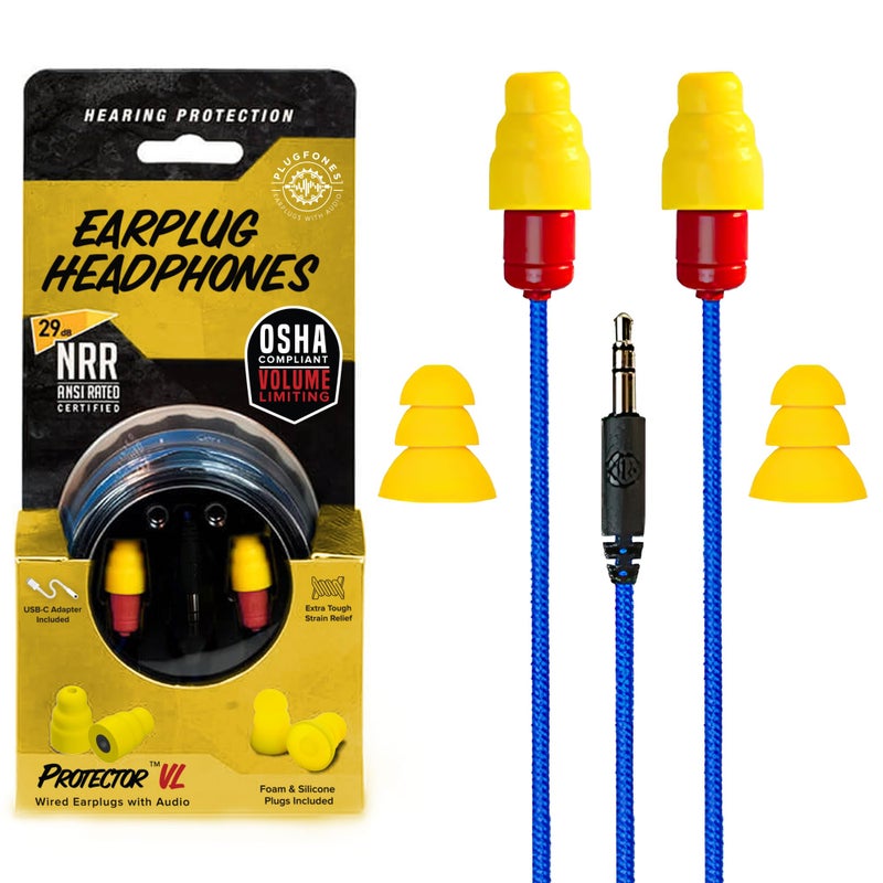 Plugfones Protector Volume Limited Audio Earbuds, OSHA Compliant Earplugs with Sound, Blue & Yellow - Image 1